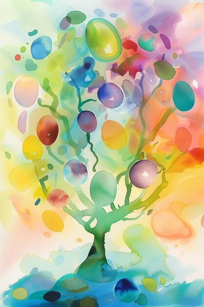 hay una pintura de un árbol con muchos globos en él generativo ai