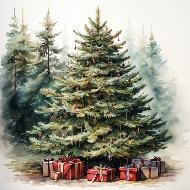 Hay una pintura de un árbol de Navidad con regalos debajo de él generativo ai