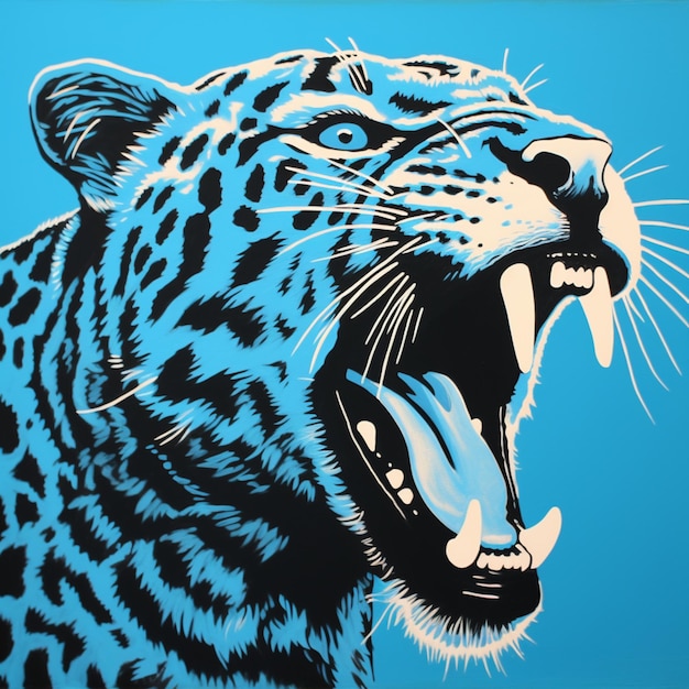 Foto hay una pintura azul y negra de un leopardo con la boca abierta.