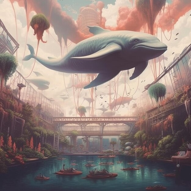 Hay una pintura de una ballena flotando en el aire generativo ai