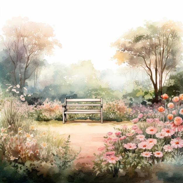Foto hay una pintura de un banco del parque en el medio de un jardín generativo ai