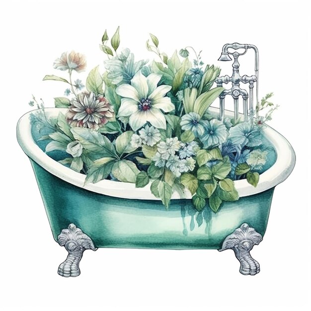 hay una pintura de una bañera con flores en ella