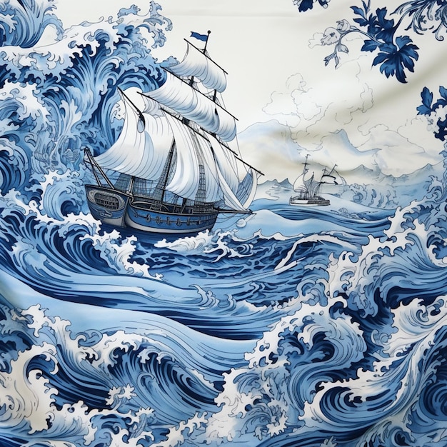 Foto hay una pintura de un barco en el océano con una onda generativa ai