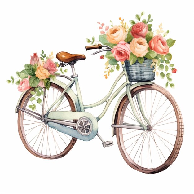 hay una pintura de una bicicleta con flores en el frente generativo ai