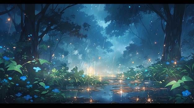 hay una pintura de un bosque con un estanque y luciérnagas ai generativo