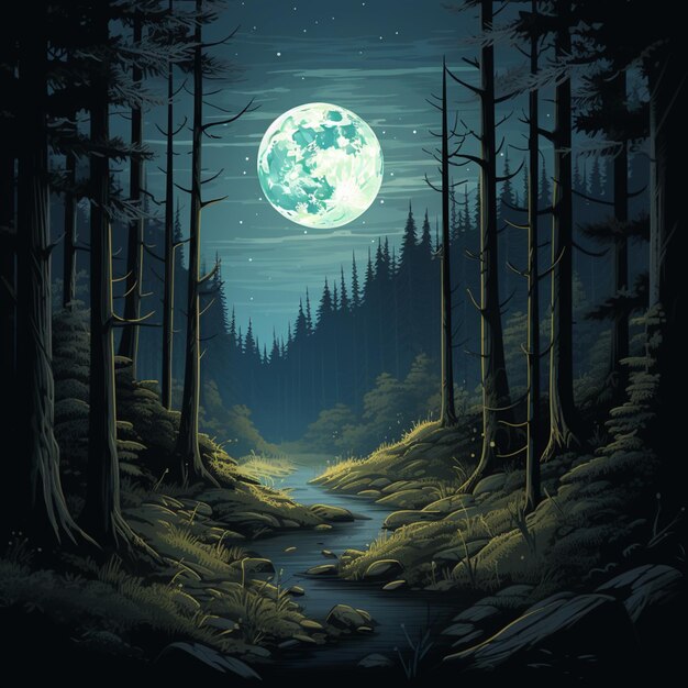 Foto hay una pintura de un bosque con una luna llena en el cielo generativo ai