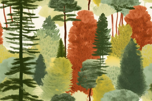 Hay una pintura de un bosque con muchos árboles en él generative ai
