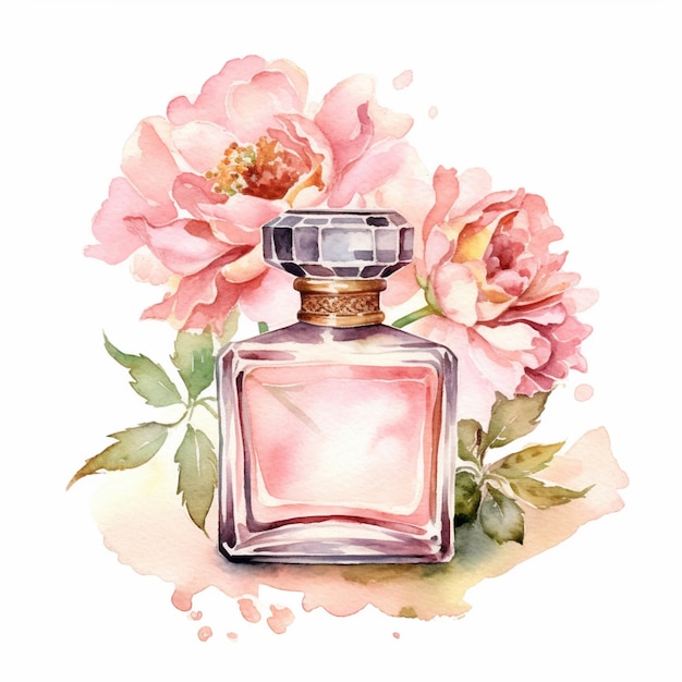 Hay una pintura de una botella de perfume con flores en ella.