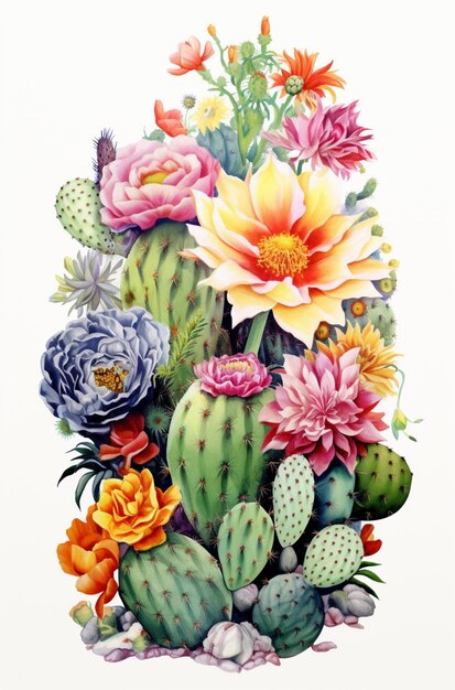 hay una pintura de un cactus con flores en él generativo ai