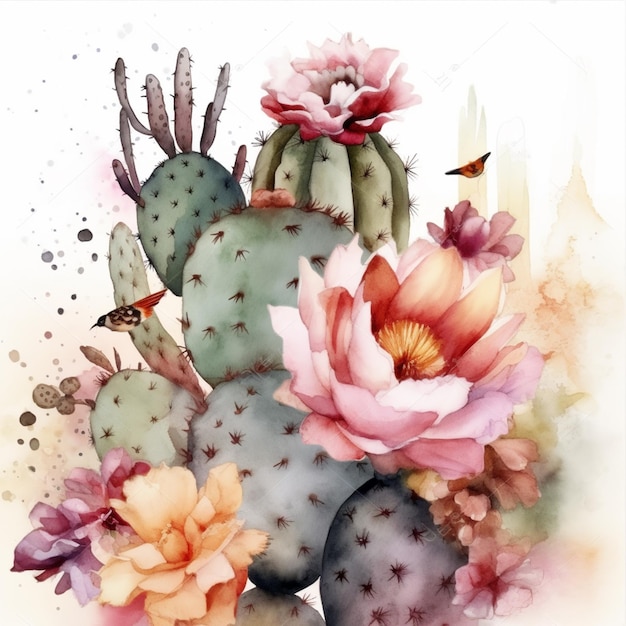hay una pintura de un cactus con flores y un pájaro generativo ai