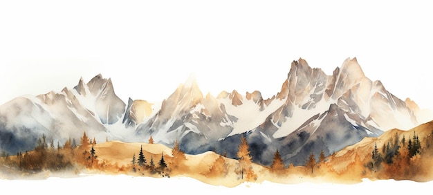Hay una pintura de una cadena montañosa con árboles en primer plano ai generativo