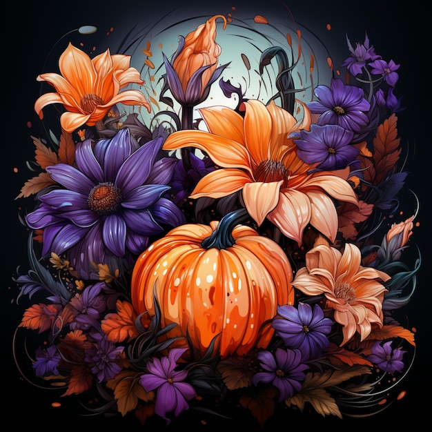 hay una pintura de una calabaza rodeada de flores y hojas ai generativa