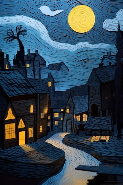 Hay una pintura de una calle con casas y una luna llena generativa ai