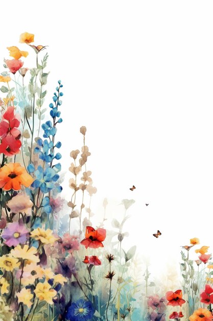 Hay una pintura de un campo de flores con mariposas generativas ai