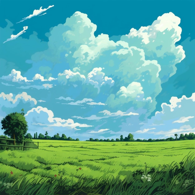 hay una pintura de un campo con un fondo de cielo generativo ai