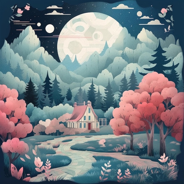 hay una pintura de una casa en el bosque con una ai generativa de luna llena