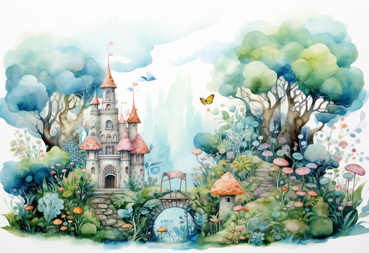 Hay una pintura de un castillo en el medio de un bosque generativo ai