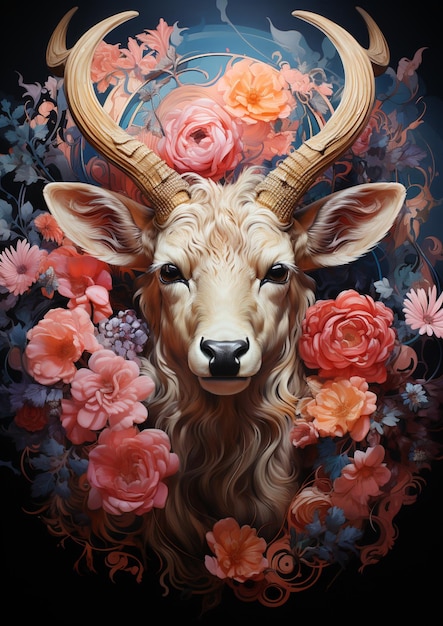 Hay una pintura de un ciervo con cuernos y flores generativas ai