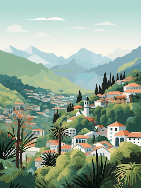 Foto hay una pintura de una ciudad en las montañas con árboles generativos ai