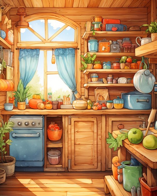 hay una pintura de una cocina con una estufa y una ventana generativa ai