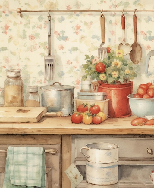 Foto hay una pintura de una cocina con una olla y sartenes generativa ai