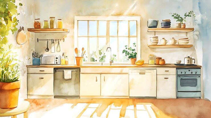 hay una pintura de una cocina con una ventana y una planta en maceta