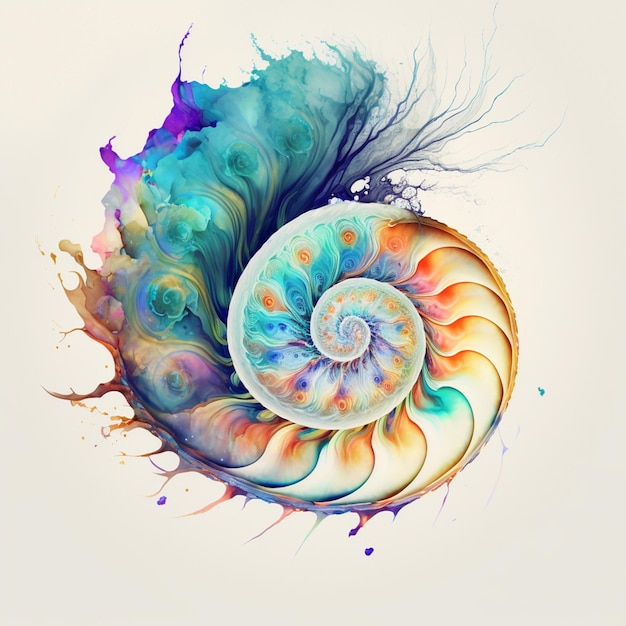 hay una pintura colorida de una concha en espiral en un fondo blanco generativo ai