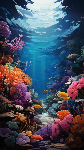 hay una pintura de un colorido arrecife de coral con peces generativos ai