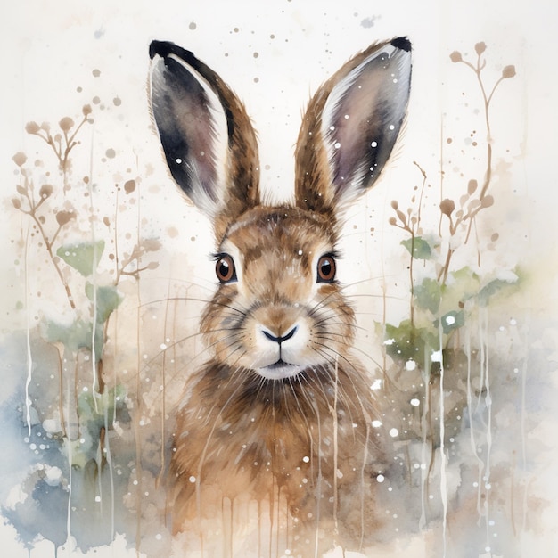 Hay una pintura de un conejo en la nieve con un fondo de árboles generativos ai