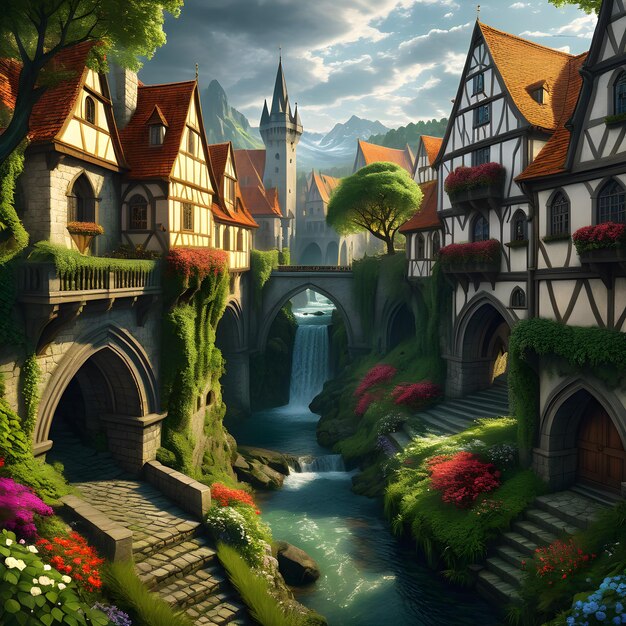 Hay una pintura digital atmosférica realista de un paisaje urbano de fantasía medieval.