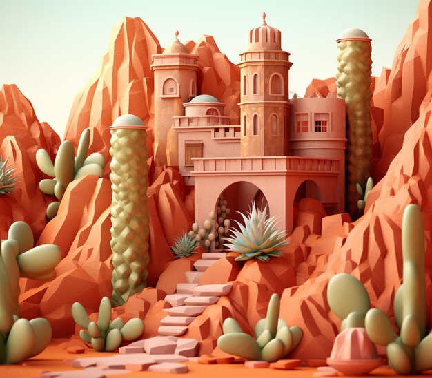 hay una pintura digital de un desierto con un castillo al fondo ai generativo