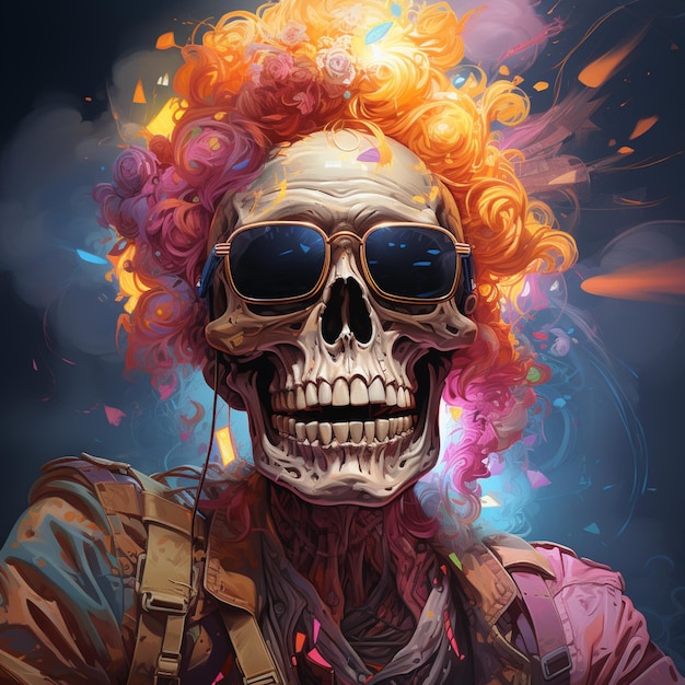 hay una pintura digital de un esqueleto con una peluca roja ai generativa