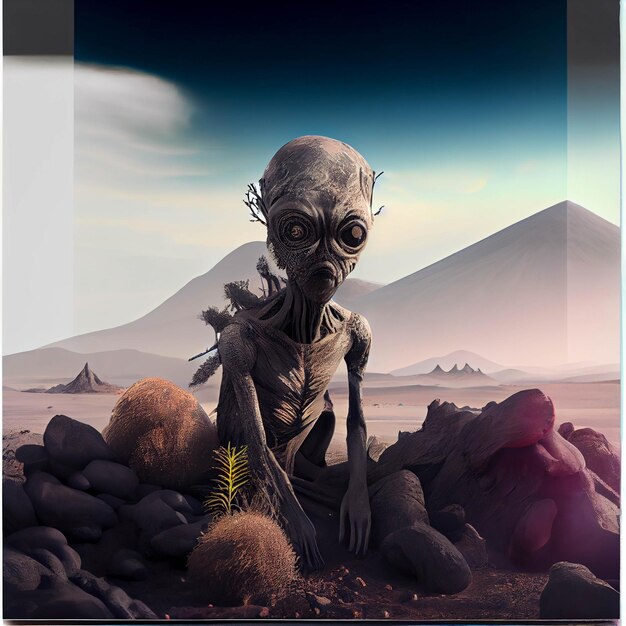 Hay una pintura digital de un extraterrestre sentado en un montón de rocas ai generativo.