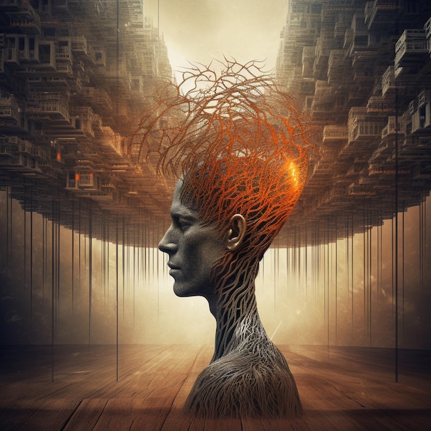 Hay una pintura digital de una mujer con un árbol en la cabeza generativa ai