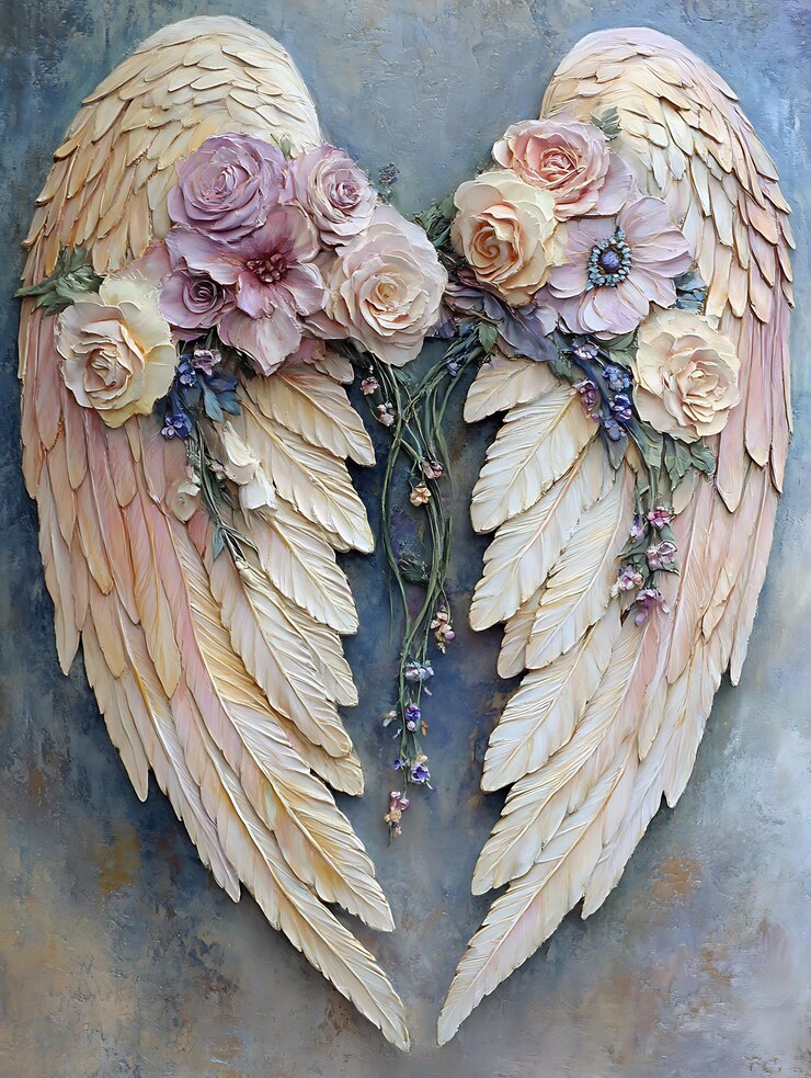 hay una pintura de dos alas de ángel con flores en ellas