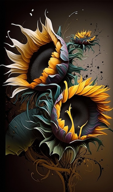 hay una pintura de dos girasoles con un chapoteo de pintura generativa ai