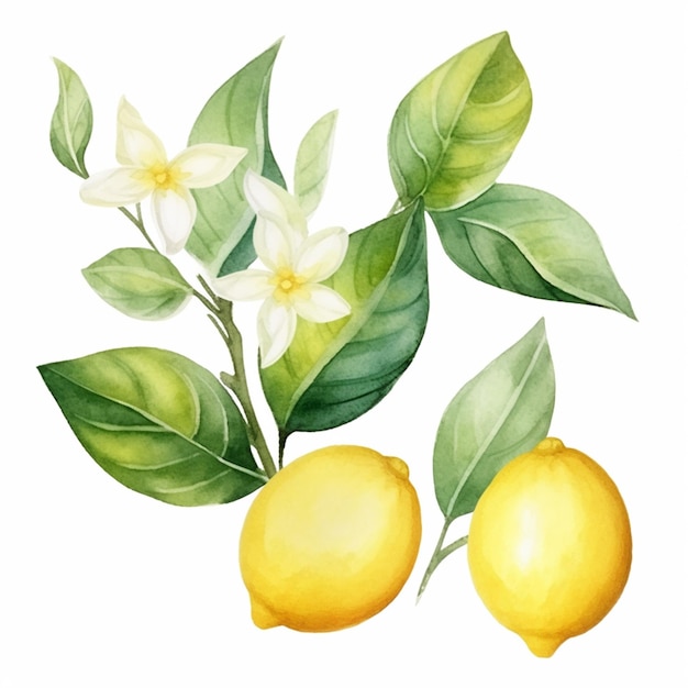 Hay una pintura de dos limones y una flor en una rama generativa ai