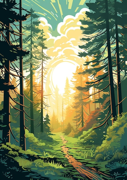 Hay una pintura de una escena del bosque con un camino generativo ai