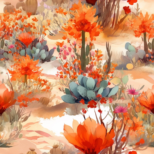 hay una pintura de una escena desértica con cactus y flores ai generativo