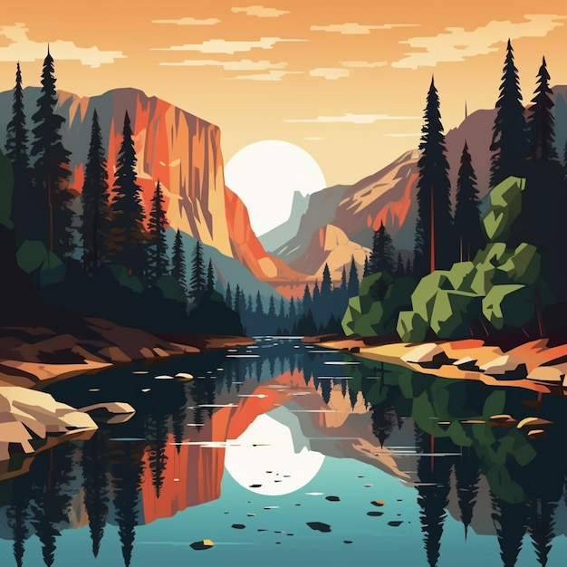Hay una pintura de una escena de montaña con un lago generativo ai
