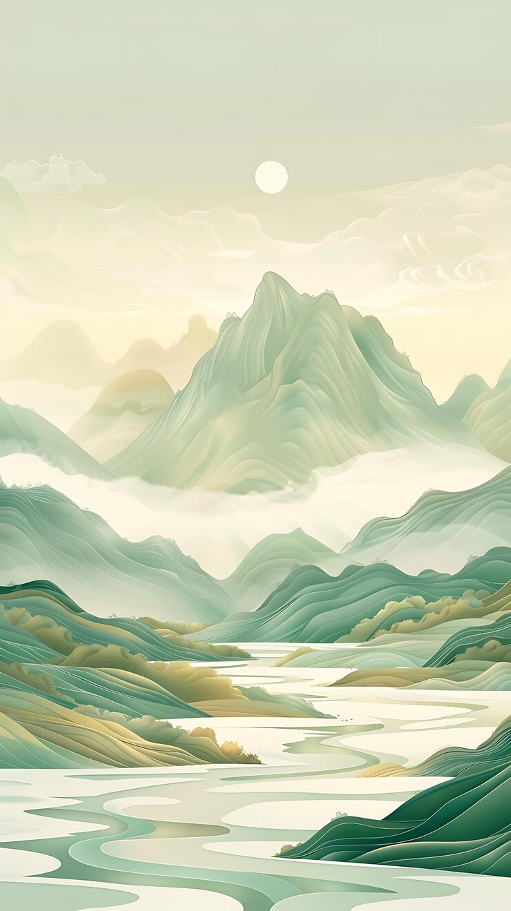 hay una pintura de una escena de montaña con un lago