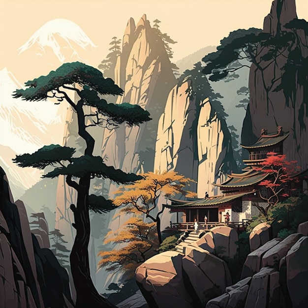 Hay una pintura de una escena de montaña con una pagoda generativa ai