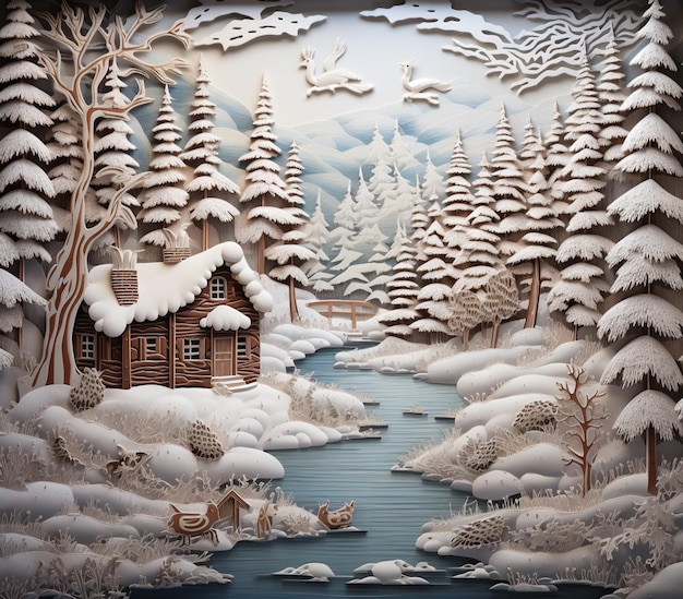 Hay una pintura de una escena nevada con una cabaña y un arroyo generativo ai