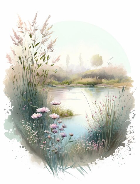 Hay una pintura de un estanque con flores y hierba generativa ai