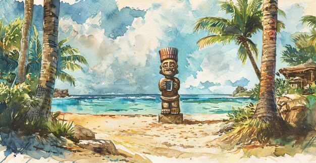 Hay una pintura de una estatua de tiki en la playa generativa ai