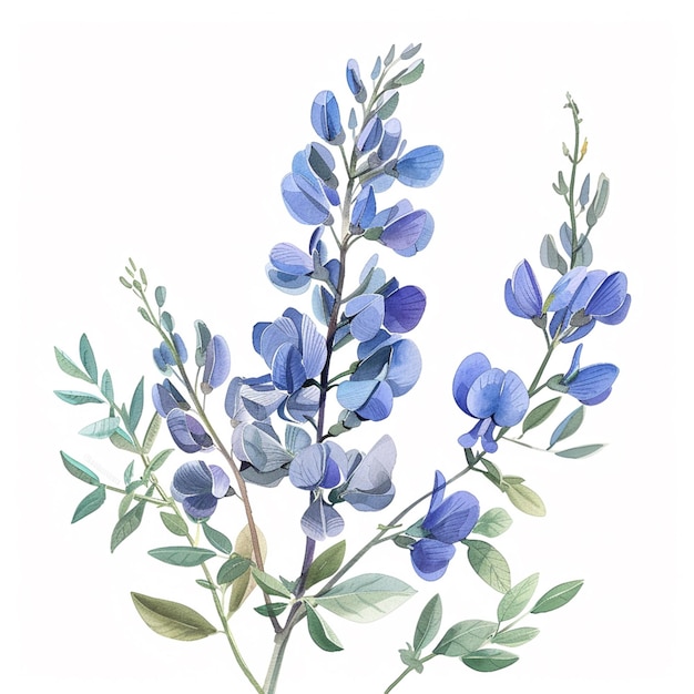 Hay una pintura de una flor azul con hojas verdes generativa ai