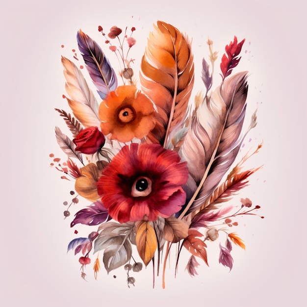 Hay una pintura de una flor con plumas y flores generativas ai.