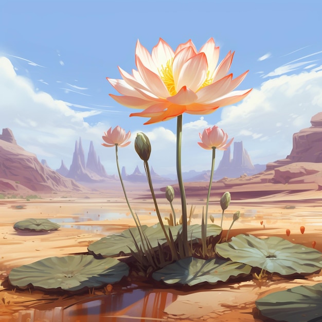 hay una pintura de una flor rosa en el desierto ai generativo