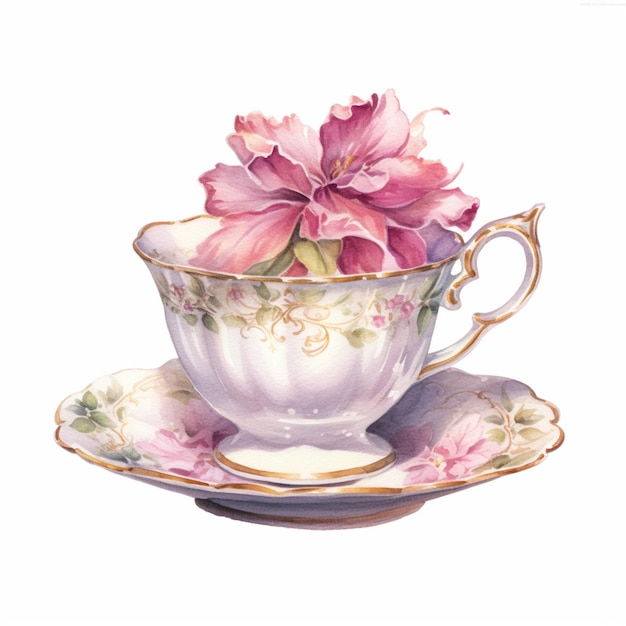 Hay una pintura de una flor rosa en una taza de té generativa ai