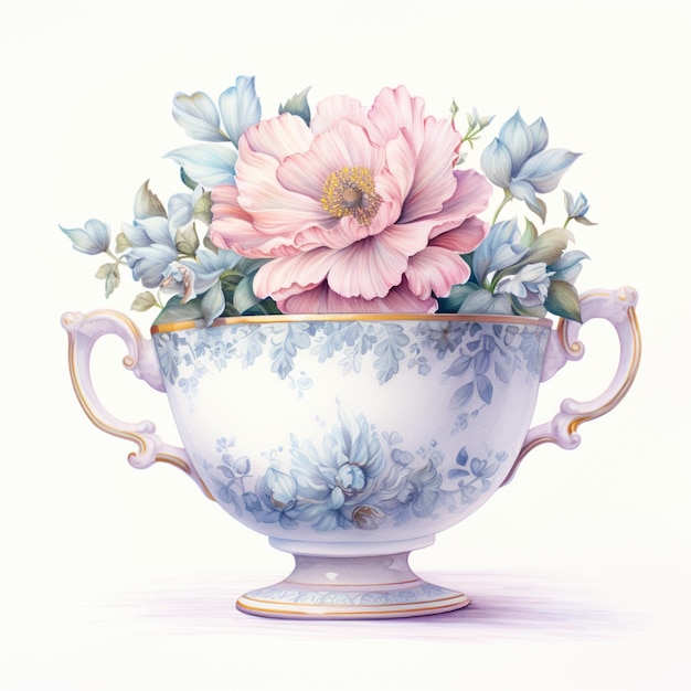 hay una pintura de una flor en una taza de té con un fondo blanco generativo ai